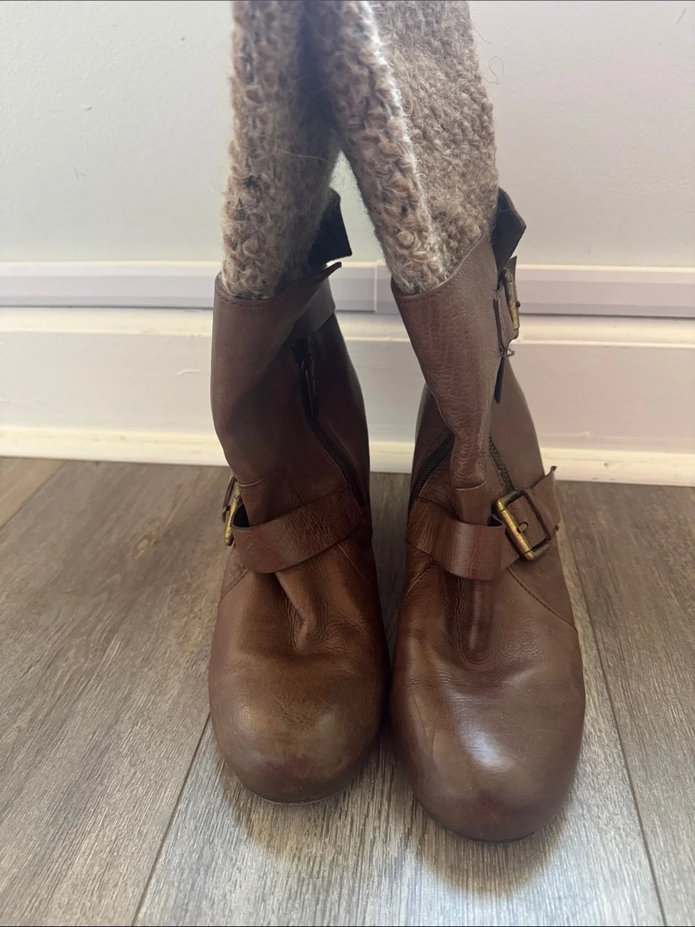 Vero Cuoio Brown Leather Wedge Boots with Knit Cuff and Buckle Detail